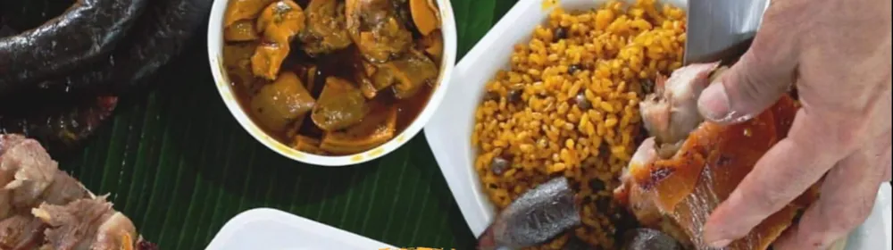 Puerto Rican feast of pernil, arroz con gandules and stew